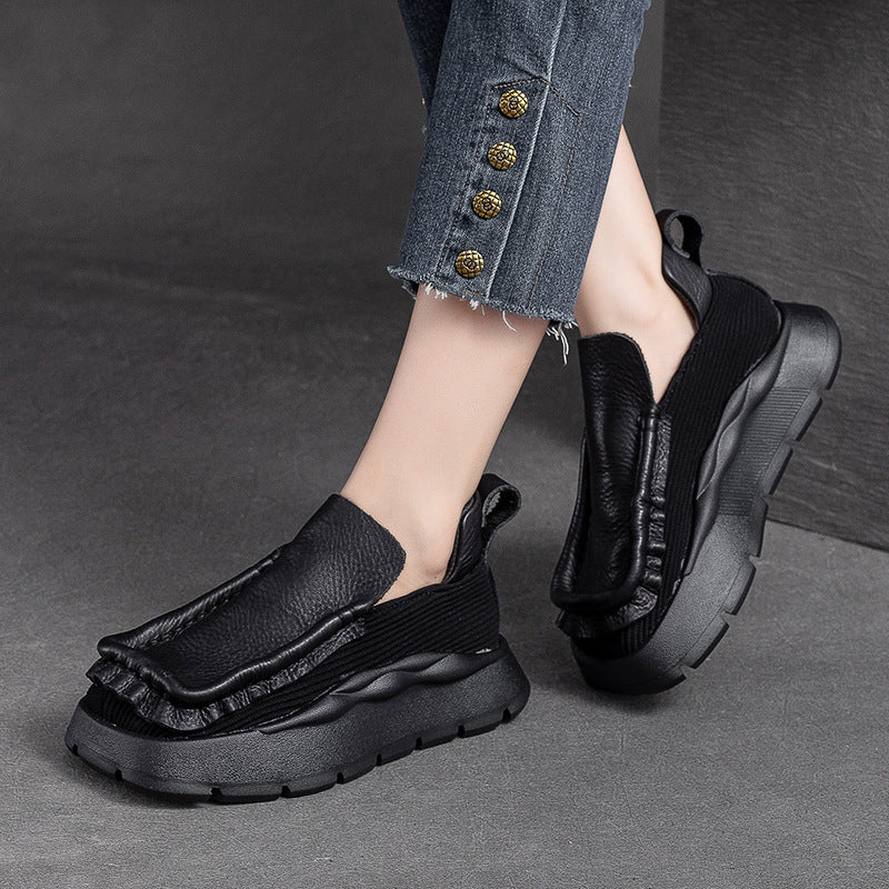 Women's Toe Vintage Pumps Thick Bottom Top Layer Cowhide Casual Shoes