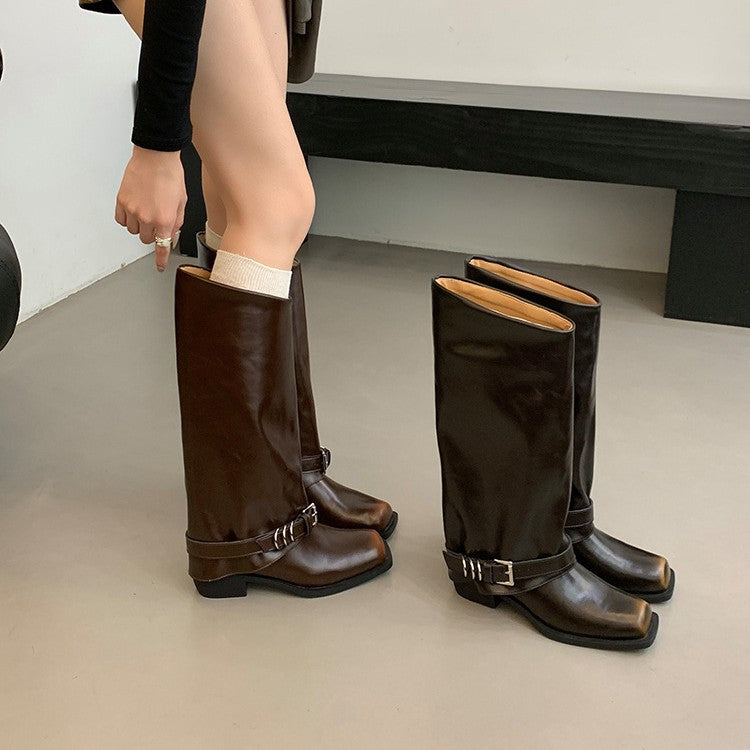Retro Brushed Martin Female Square Toe Distressed Metal Women's Leather Boots