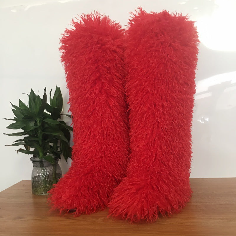 High Imitated Tibet Sheep Fur Thigh Height Over The Snow Boots