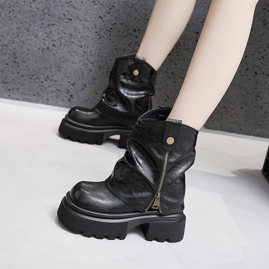 Women's Slip-on Mid Short Height Increasing Insole Women's Leather Boots