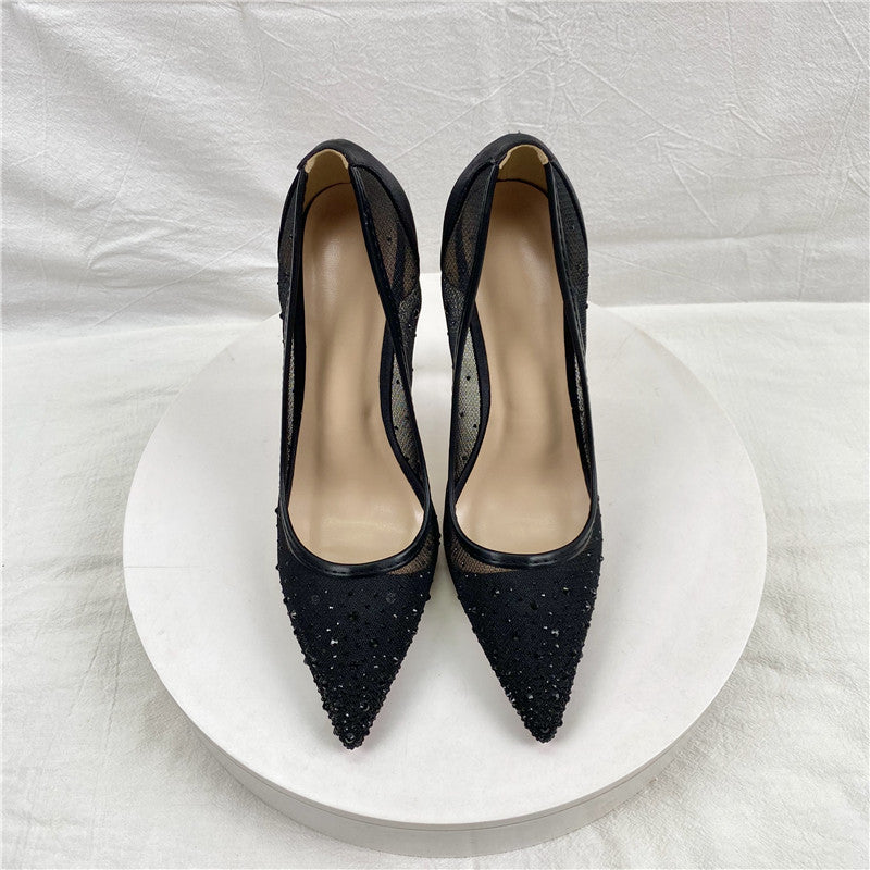 Women's Spring Breathable Mesh Diamond High Pointed Toe Shallow Mouth Heels
