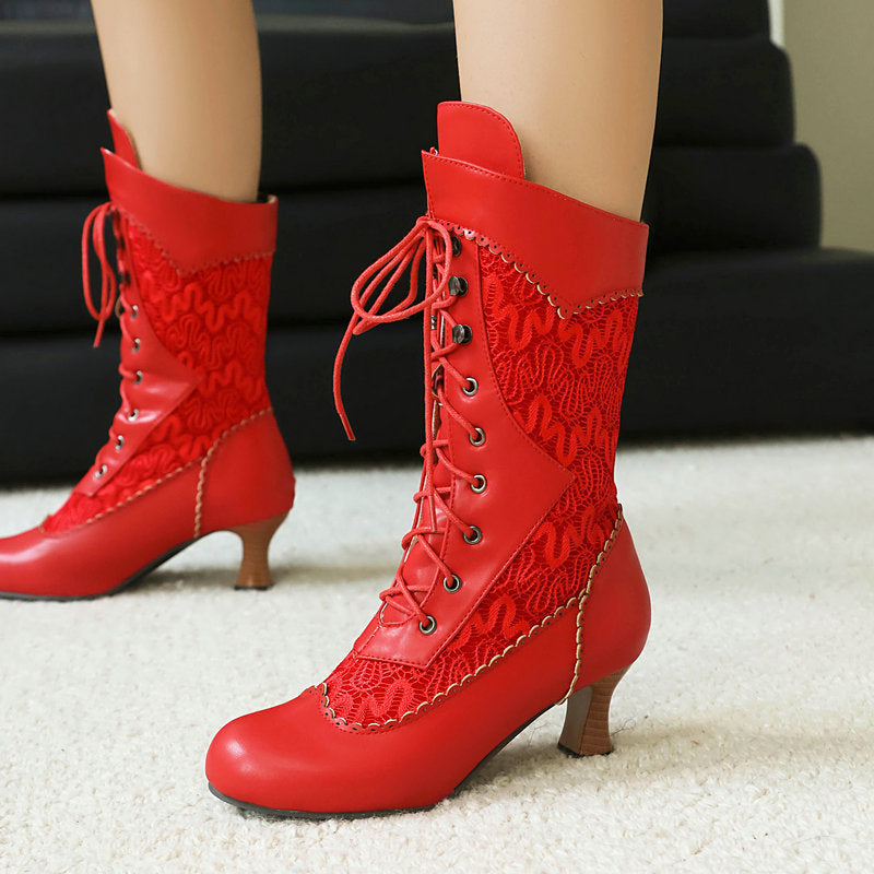 Women's Style Mid Vintage Lace Stitching Chunky High Front Large Women's Leather Boots