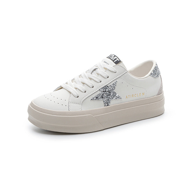 Women's Star Pattern Sports Increased Lace Up Breathable White Sneakers