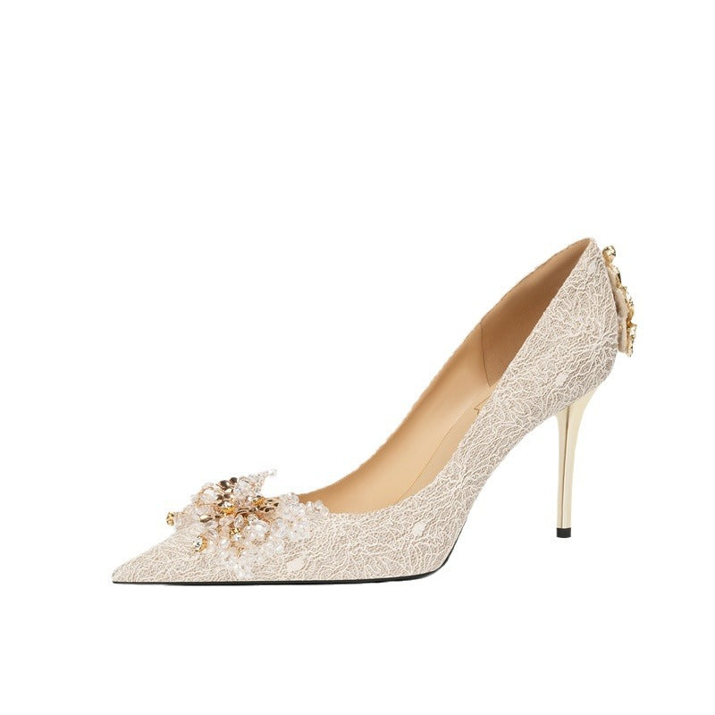 Rhinestone High-heeled French Style Temperament Bridal High Lace Daily Women's Fashion Shoes