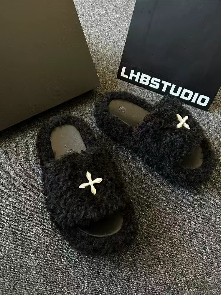 Cross Thick Bottom Increased Fluffy Outdoor Slippers
