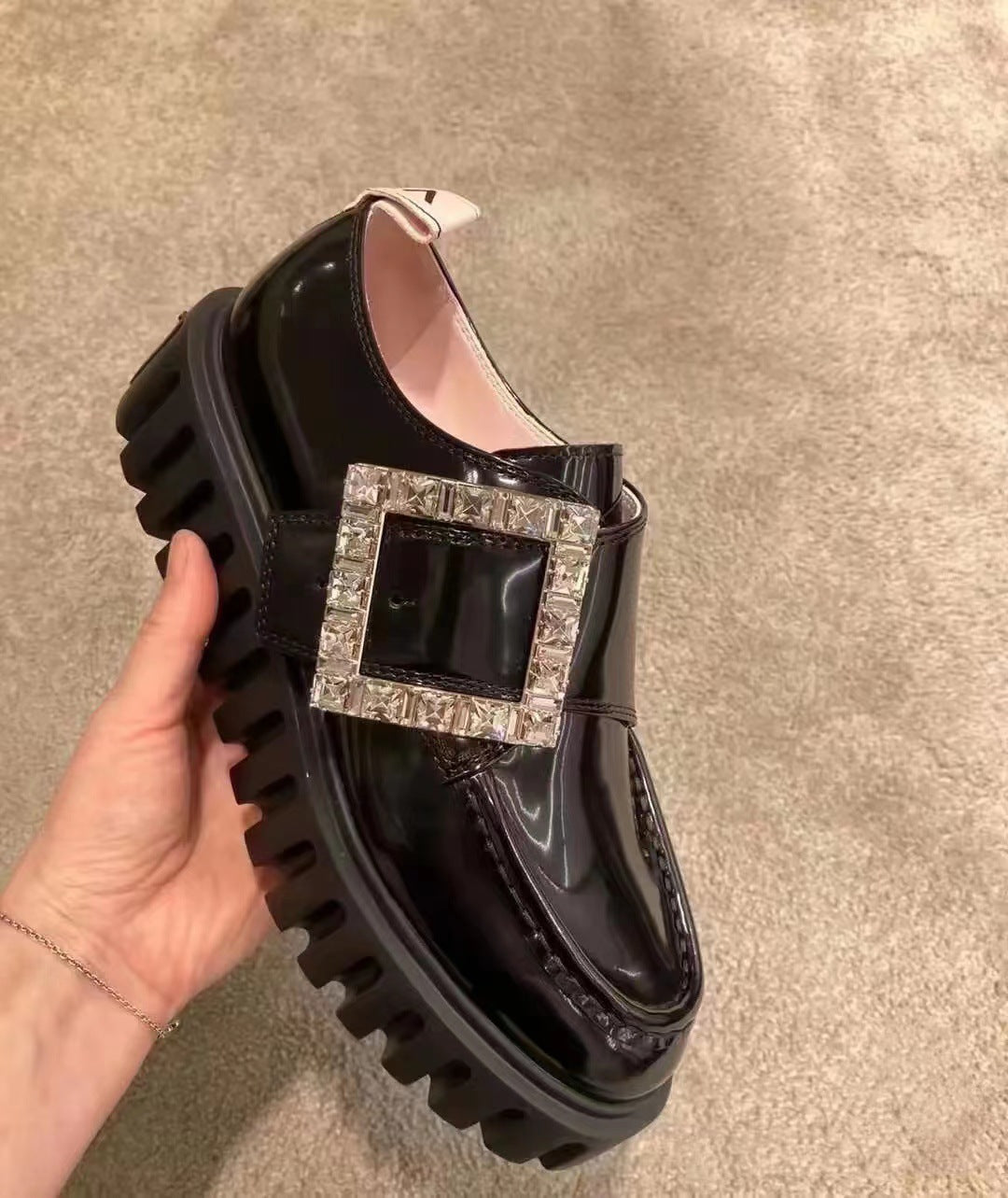 Women's British Style Rhinestone Square Buckle Platform Loafers
