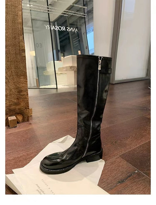 Women's Washed Horse Round Toe Belt Buckle Thick Boots