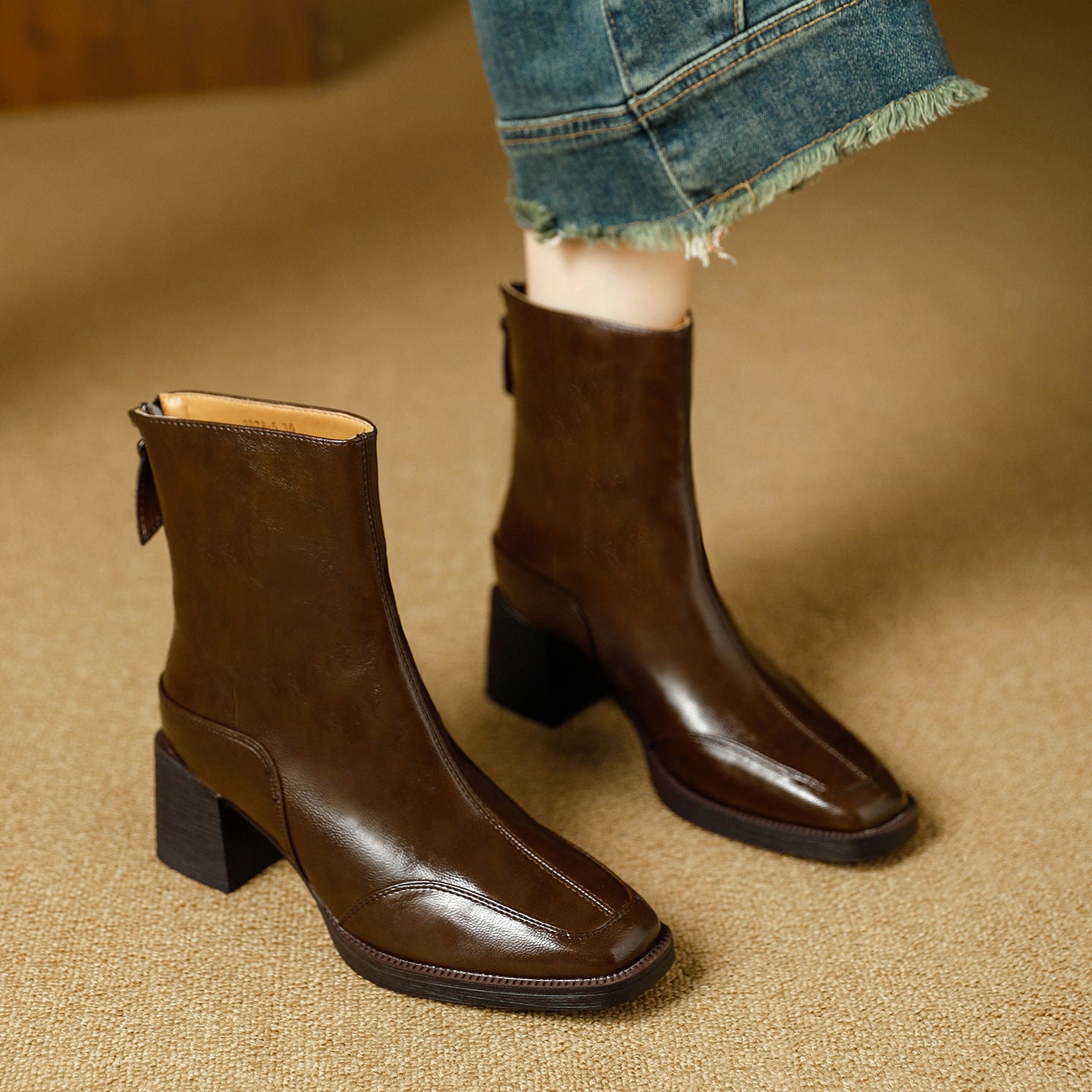 Women's Skinny French Brown Winter Chunky Square Women's Leather Boots