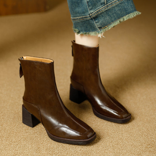 Women's Skinny French Brown Winter Chunky Square Women's Leather Boots