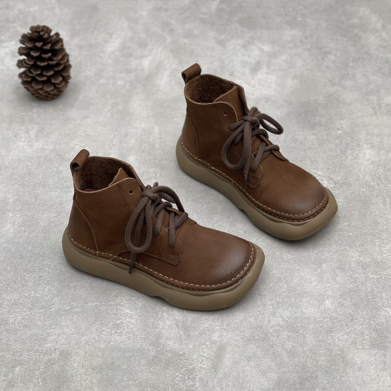 Women's Linen Style Wide Head Top Layer Women's Leather Boots