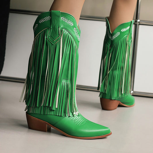 Women's Mid Pointed Western Tassel Embroidery Women's Leather Boots