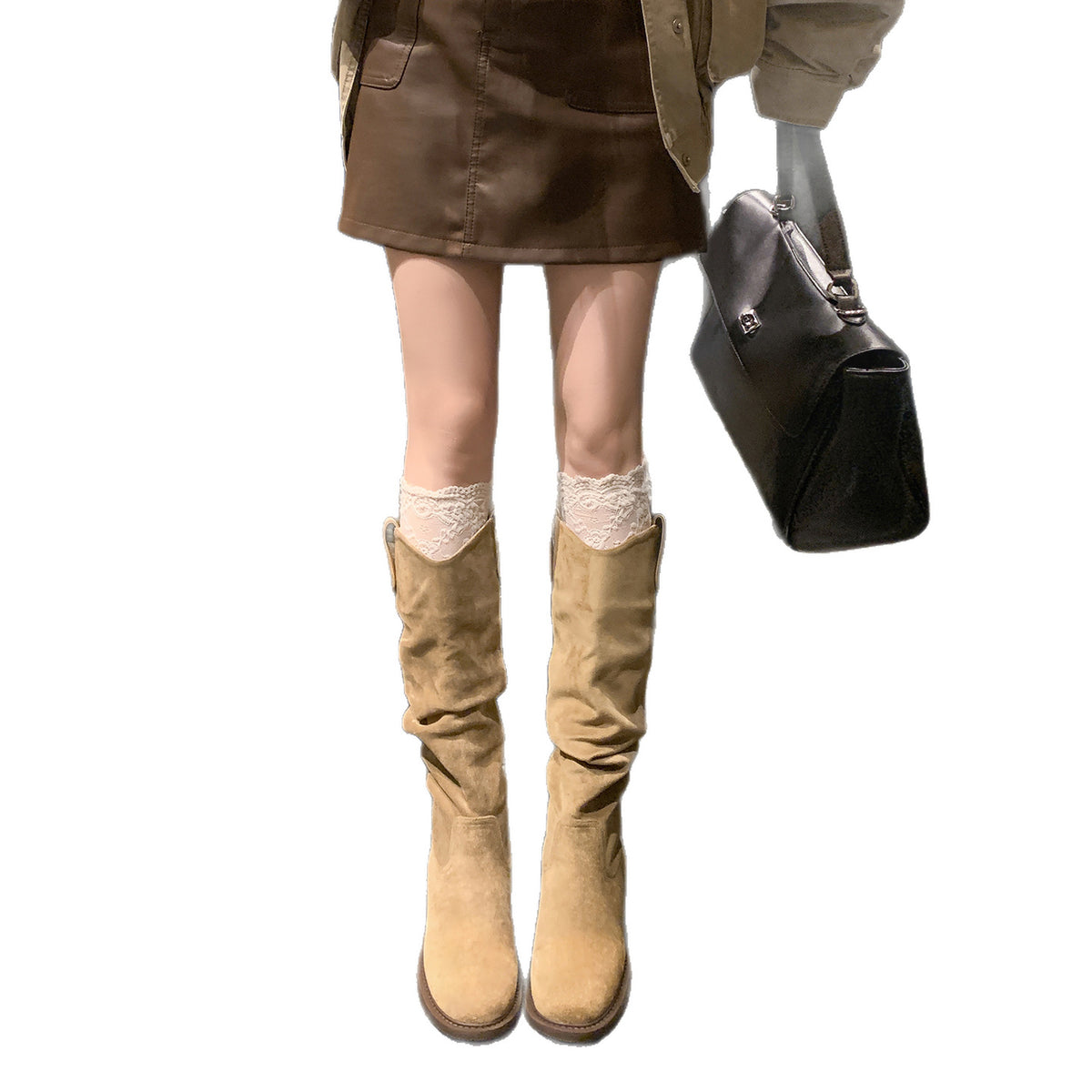 Women's Pleated Pile Style For Height Increasing Insole Chunky Western Cowboy Women's Leather Boots