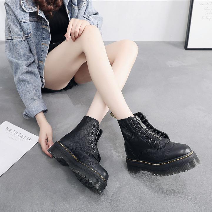 Two-way Platform Motorcycle Front Zipper Top Layer Lychee Boots