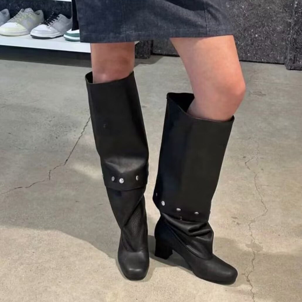 Square Toe Brushed Two-way Removable Below The Knee Women's Leather Boots