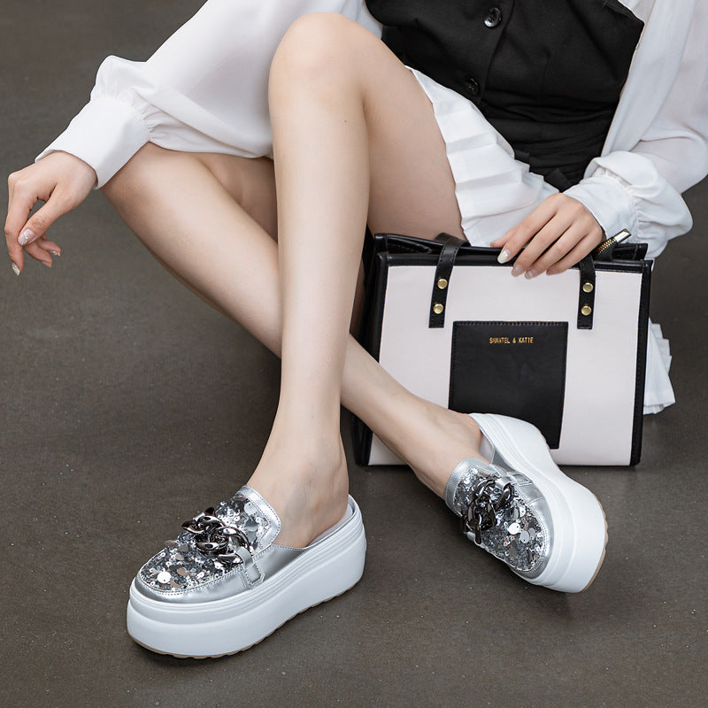 Women's Toe Without Half Support Summer Mesh Sequins Metal Buckle Solid Heels