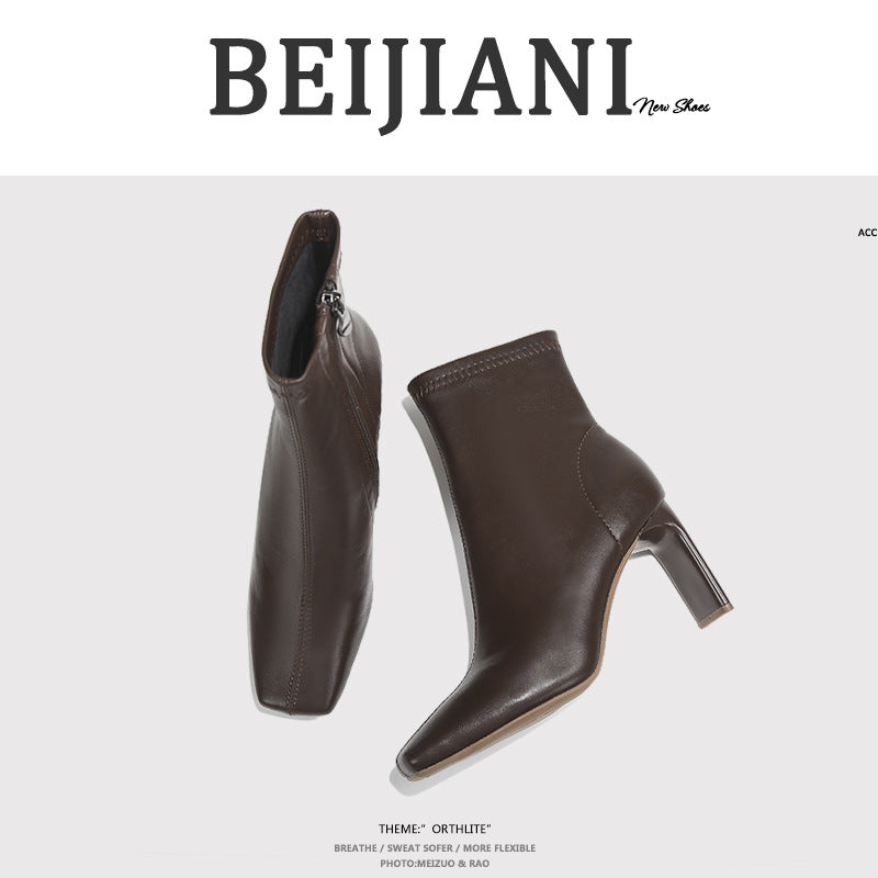 Women's Ankle Square Toe Chunky Side Zip Low Tube Fashion Women's Leather Boots