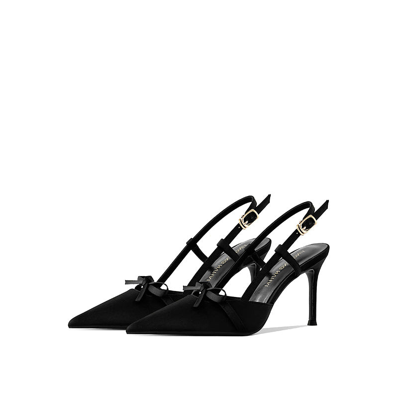 Style Satin Bow Design Sense Niche Wedding Hollow Closed Toe High Heeled Sandals