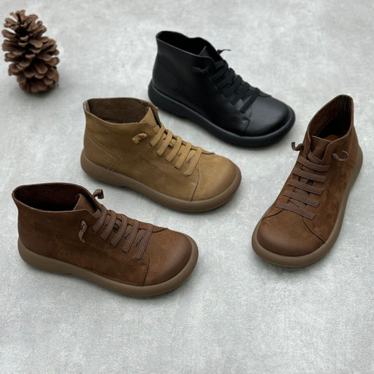 Women's Crafts Round Toe Flat Bottom Elastic Slip-on First Layer Women's Leather Boots