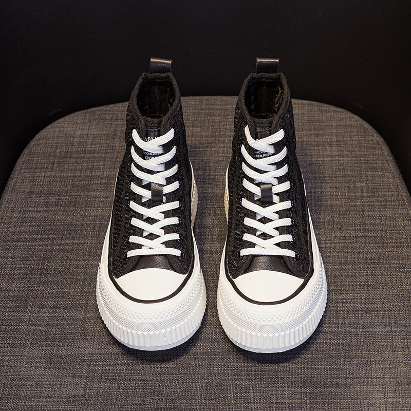 Women's High Top White Genuine Platform Round Toe Stitching Sneakers
