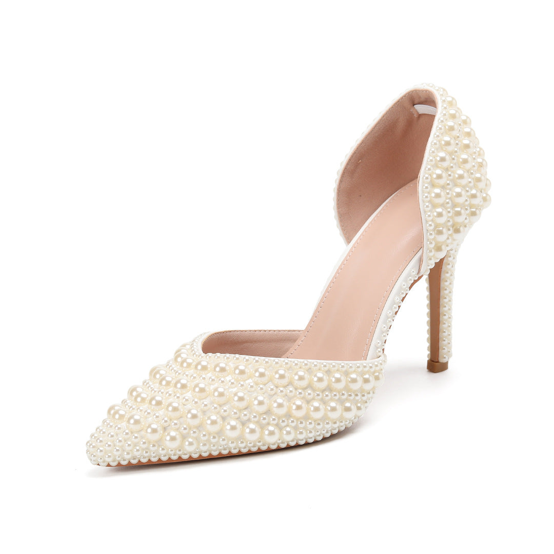 Women's Low-cut Pumps Pointed High Thin Heeled Pearl Heels