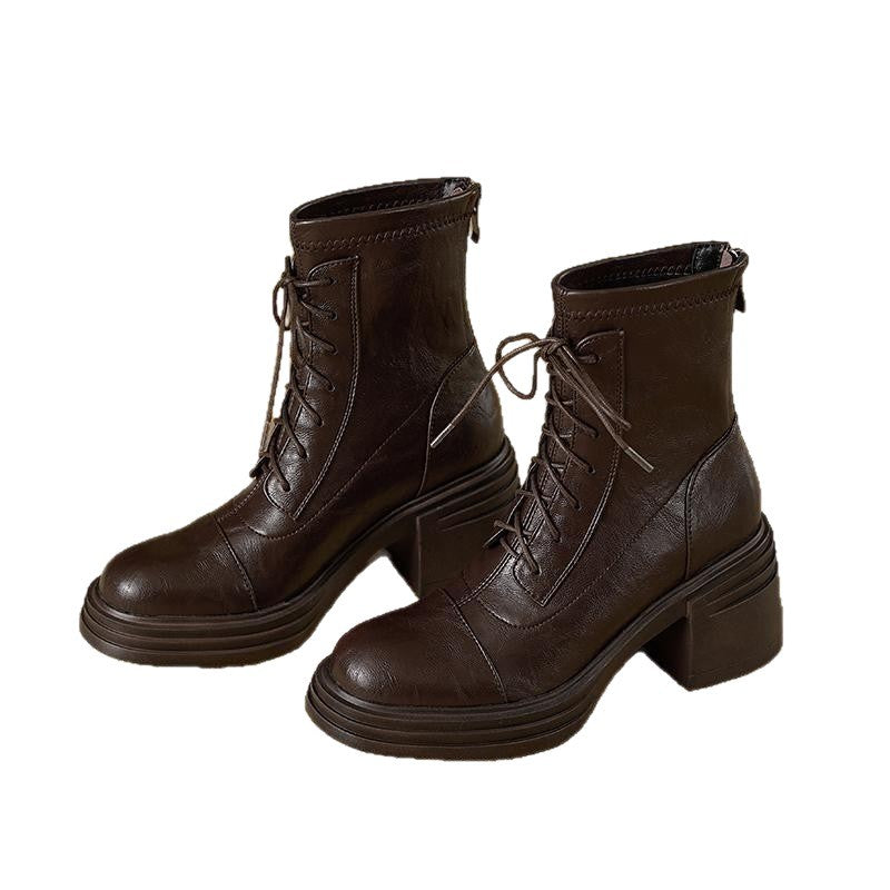 Women's Round Toe Soft Short For Winter Chunky High Stretch Thin Women's Leather Boots