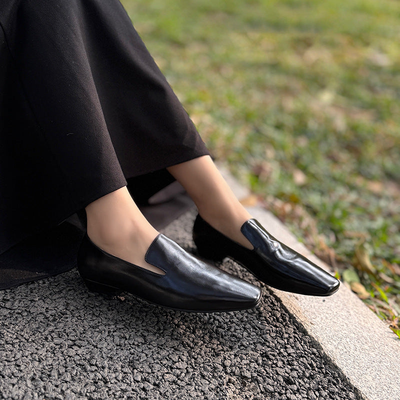 Women's Spring Cowhide Square Toe Flat Authentic Loafers