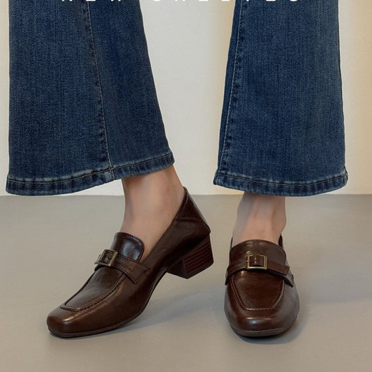 Women's Cowhide Square Toe Commuter Chunky French Pumps Loafers