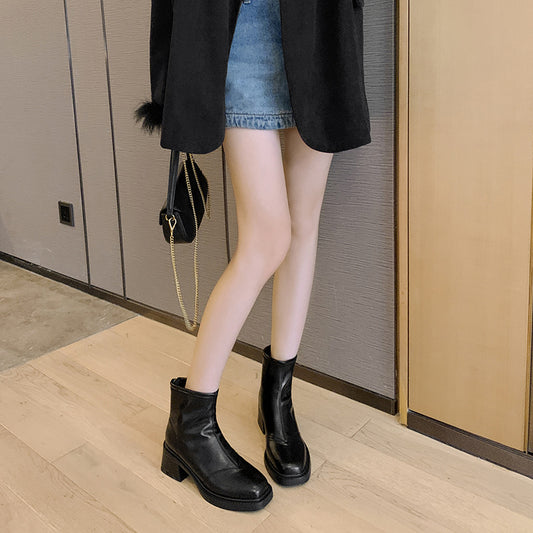 Women's Korean Elegant Back Zipper Square Toe Skinny Chunky Fashion Heels