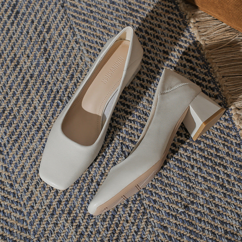 Women's Square Toe High Chunky Lambskin Solid Women's Shoes