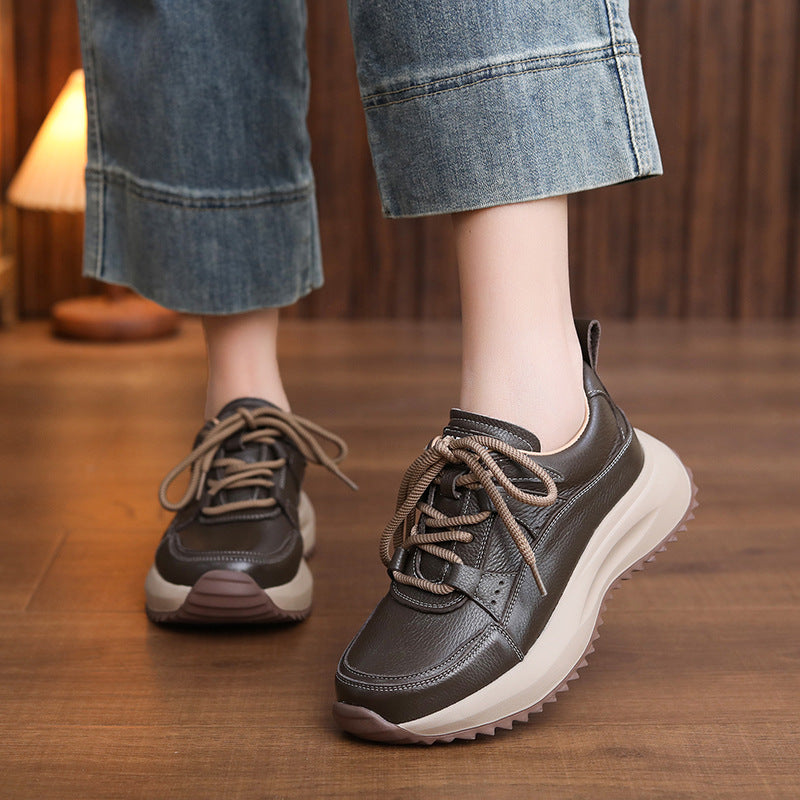 Women's First Layer Cowhide Platform Dad Comfortable Soft Bottom Round Casual Shoes