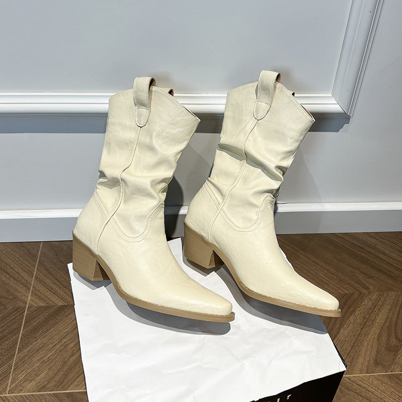 Women's Pointed Toe Chunky Mid Short Pleated Pile Style For Retro Women's Leather Boots