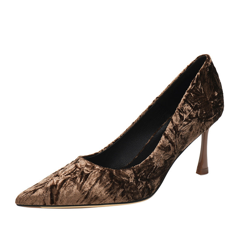 Women's Gold Silk Suede Stiletto Banquet Low-cut High Women's Shoes