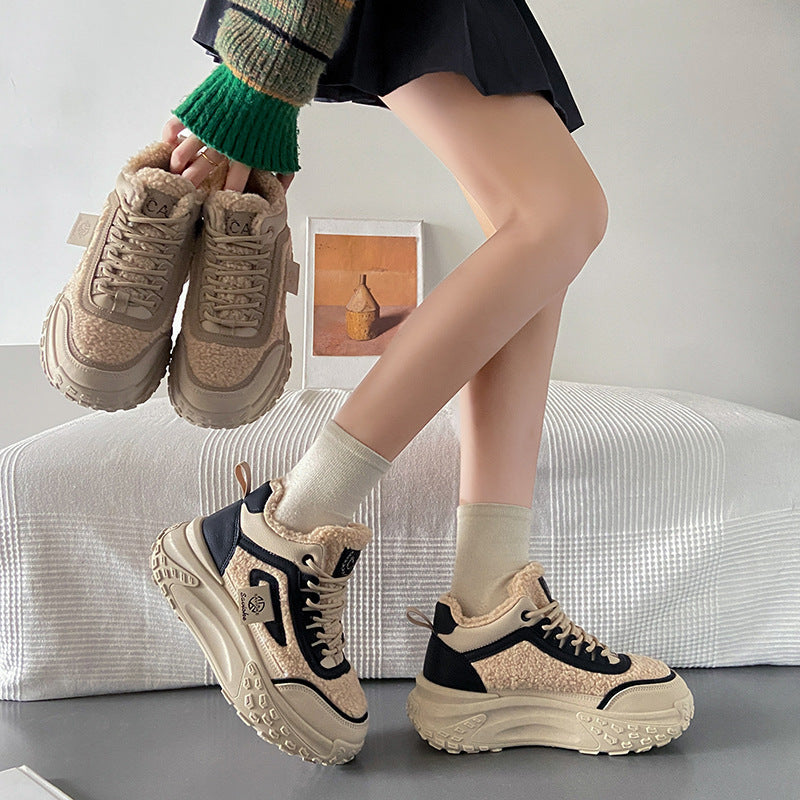 Winter Korean Style Fleece-lined Daddy Female Sneakers