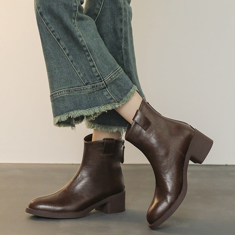 Women's Soft Bottom Chunky Short Commuter Thin Women's Leather Boots