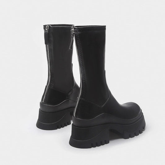 Women's Style Round Toe Martin Mid Chunky Chelsea Thin Knight Short Women's Leather Boots