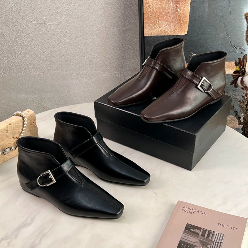 Inner Height Increasing Female Square Toe Small Versatile Slimming British Women's Leather Boots