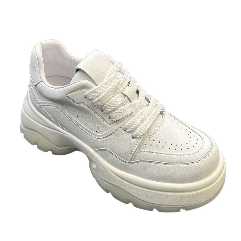 Women's Platform White Lace Up Increased Versatile Leather Shoes