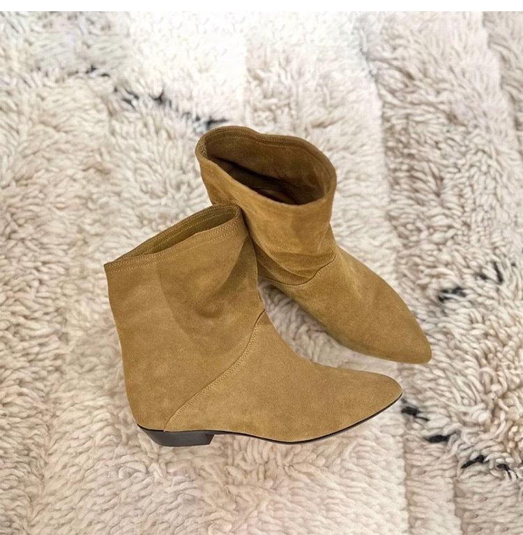 Women's Genuine Retro Oblique Wide Short Flat Pointed Western Cowboy Ankle Women's Leather Boots