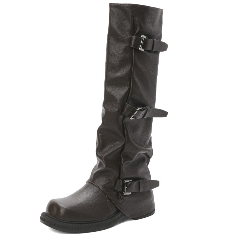 Increasing Insole Long Female Grape Mom Thick Bottom Belt Buckle Women's Leather Boots