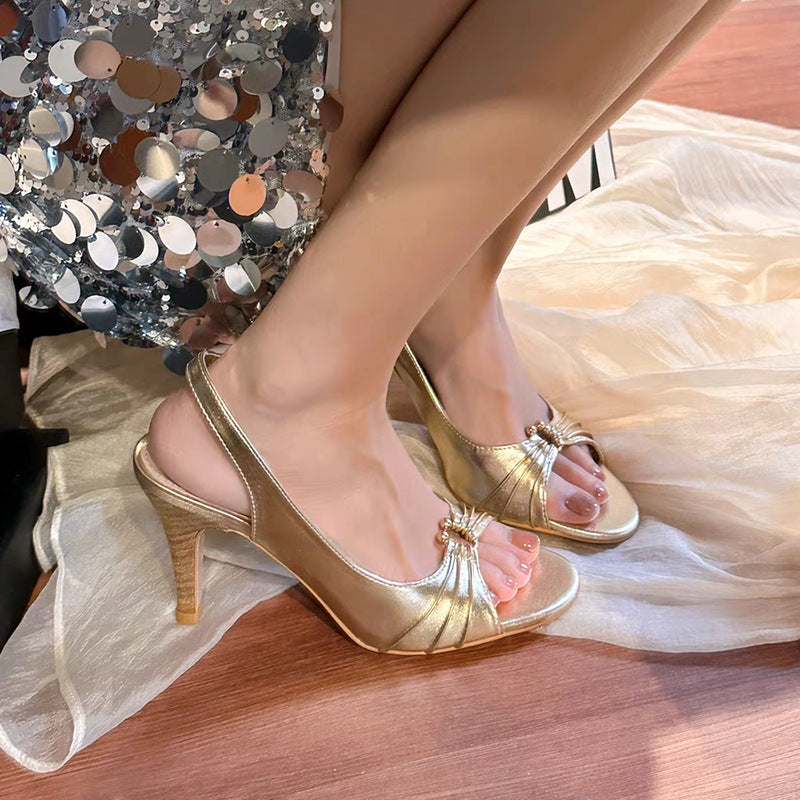 Surface Metal Decorative Button Peep Toe Stiletto Baring Outer High Heeled Sandals