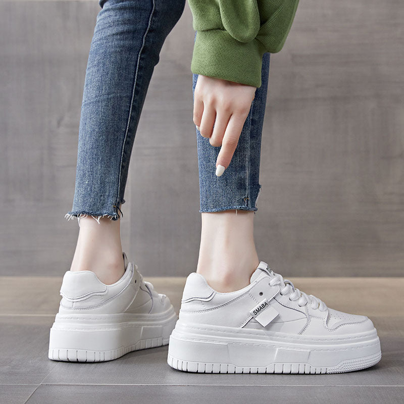 Women's Live Broadcast Cowhide Easy Wear Spring Platform Muffin Sneakers