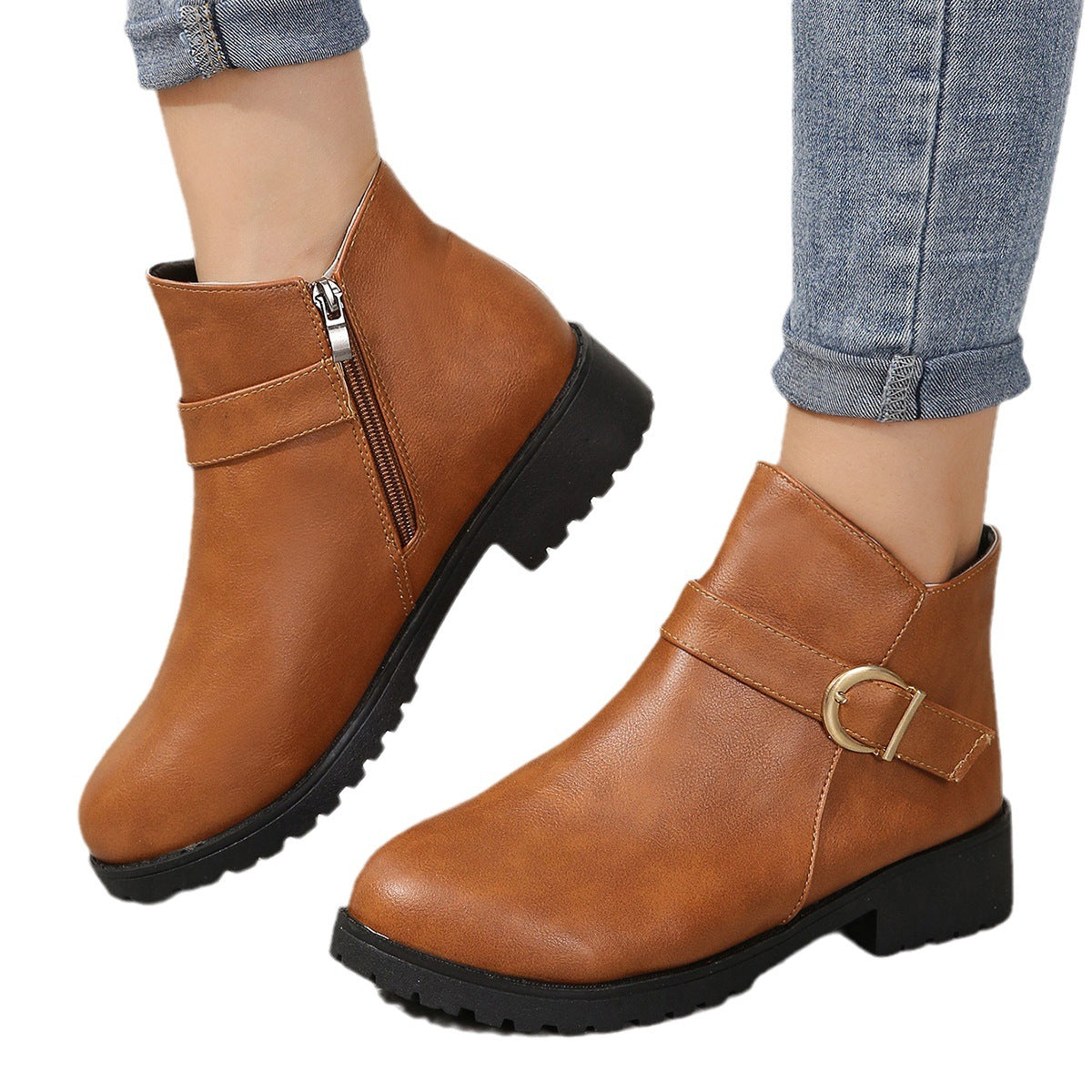 Women's Size Round Toe Side Zipper Chunky Ankle Boots