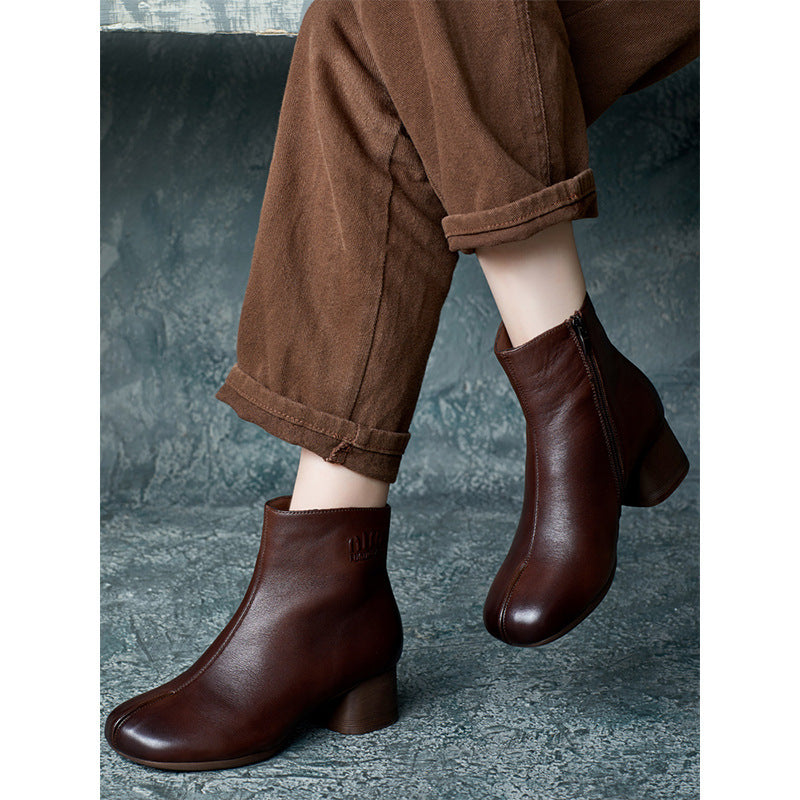 Style Handsome Handmade Cowhide Square Toe Chunky Heels