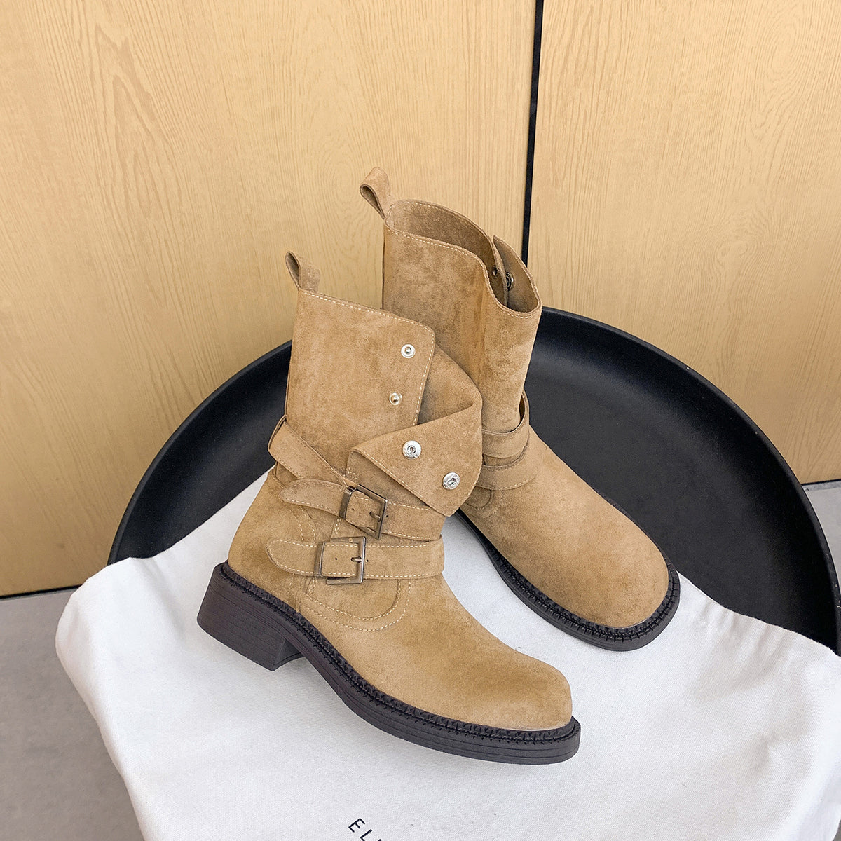 Chunky Platform Buckle Cow Suede High-heeled With Short Tube Female Women's Leather Boots