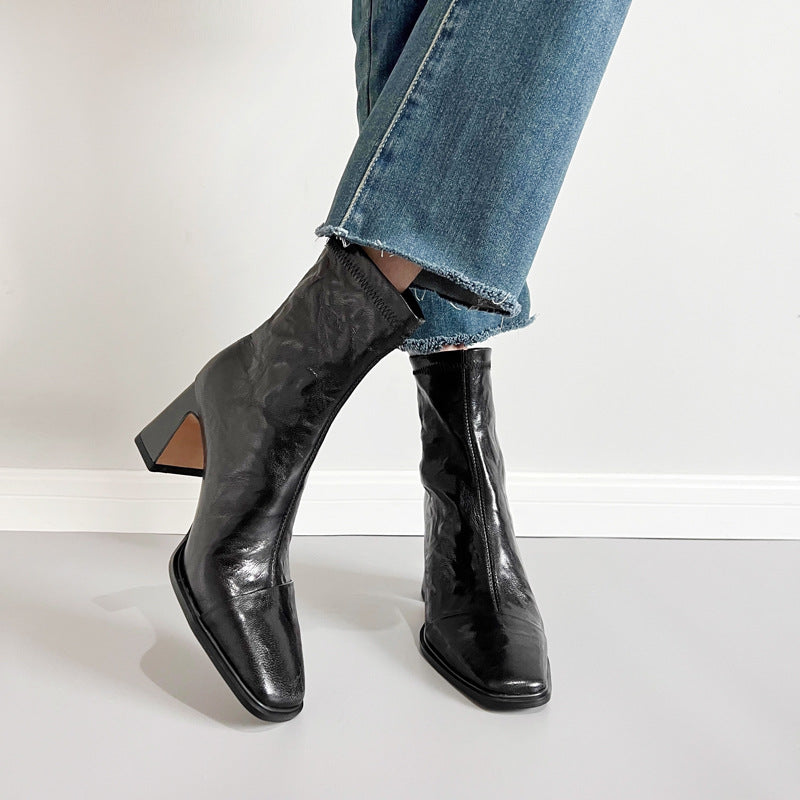 Women's Short With Scratch Pattern Soft Style French Retro Skinny Small Women's Leather Boots