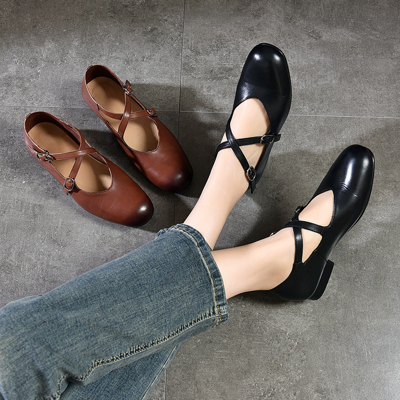 Women's Round Head Cross Strap Low Mary Jane Genuine Leather Shoes