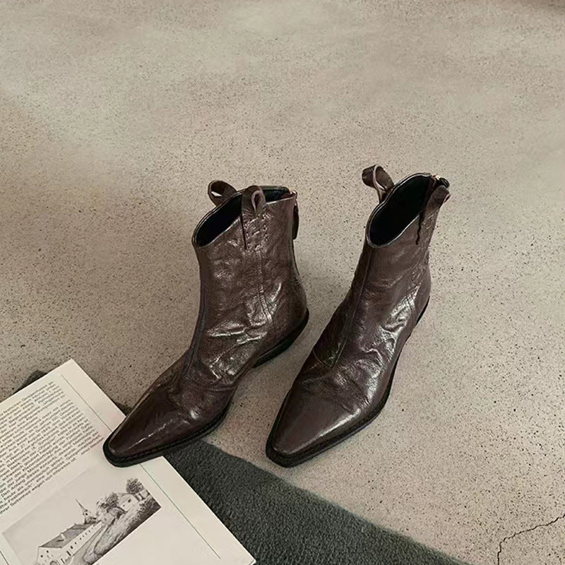Women's Toe V-shaped Mouth Retro Denim Skinny Thick Wrinkle Western Boots