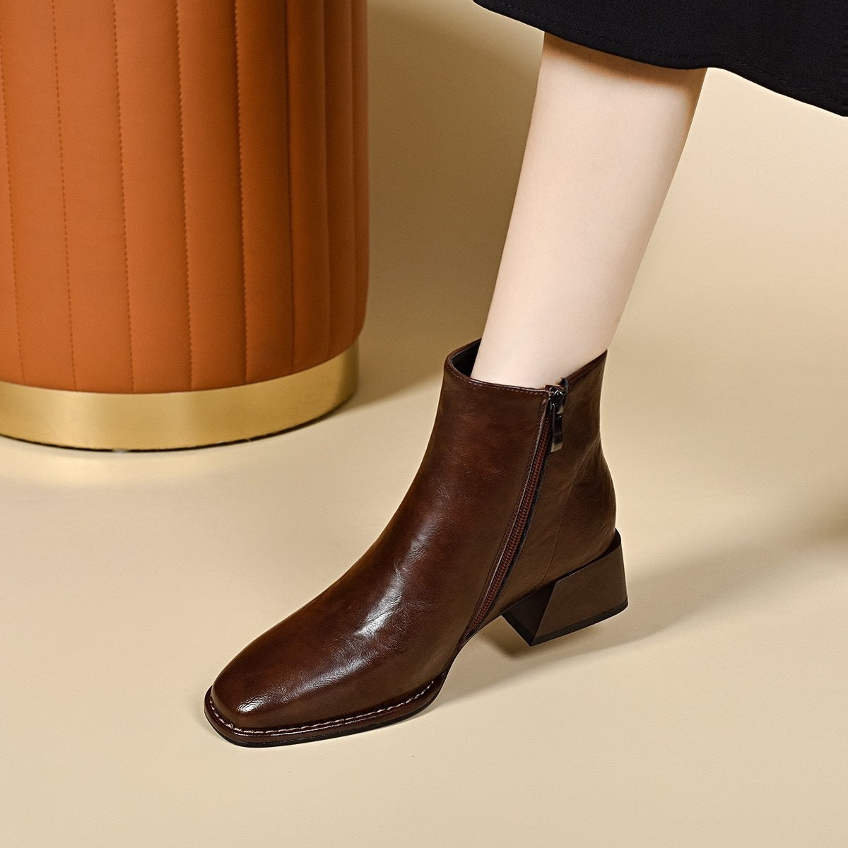 Women's Chelsea Fleece Lined Square Toe Western Style Booties Chunky Women's Leather Boots