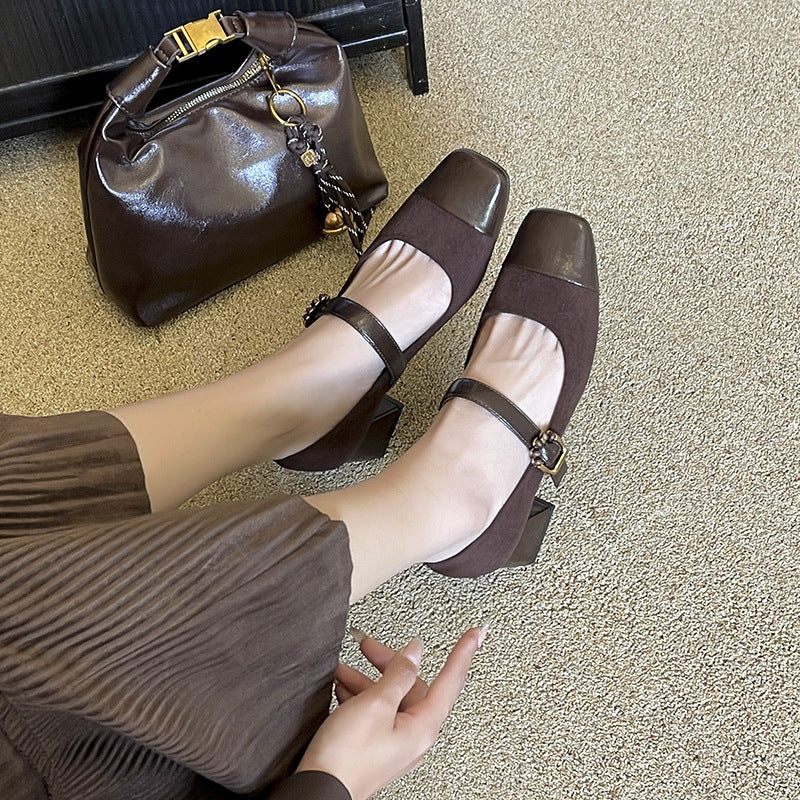 Women's Toe Chunky Pumps Mid Soft Buckle Mary Heels