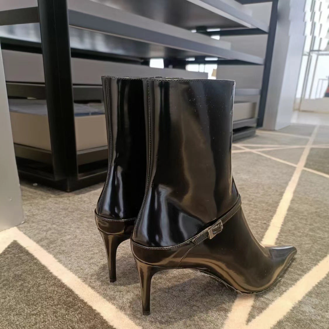 Women's Ankle Black Metal Buckle Sexy Stiletto Boots